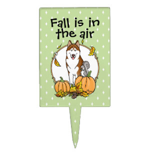 Fall Siberian Husky (red) Pumpkins Leaves Cute Cake Topper