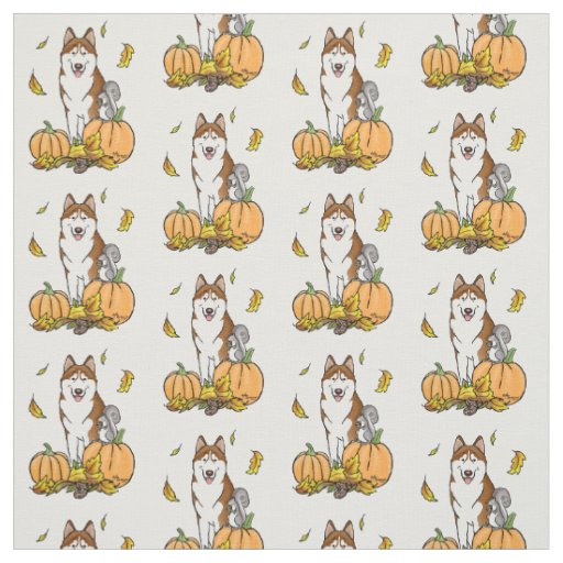 Fall Siberian Husky (red) Pumpkins Leaves Cute Fabric