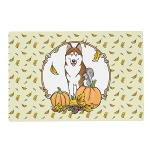 Fall Siberian Husky (red) Pumpkins Leaves Cute Placemat