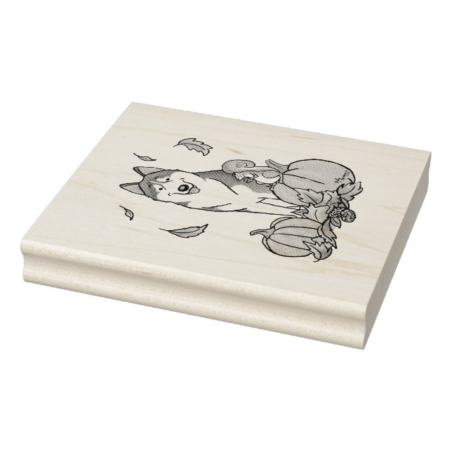 Fall Siberian Husky (red) Pumpkins Leaves Cute Rubber Stamp (Stamp)
