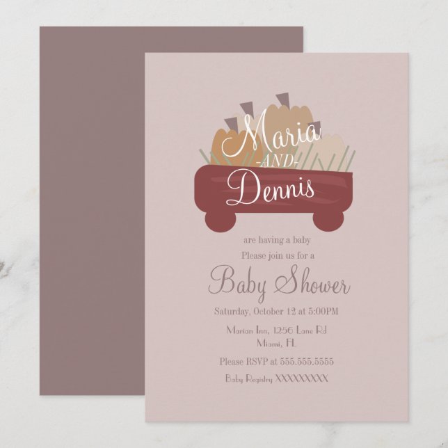 Fall Simple Pumpkin Nuetral Wagon Baby Shower Invitation (Front/Back)
