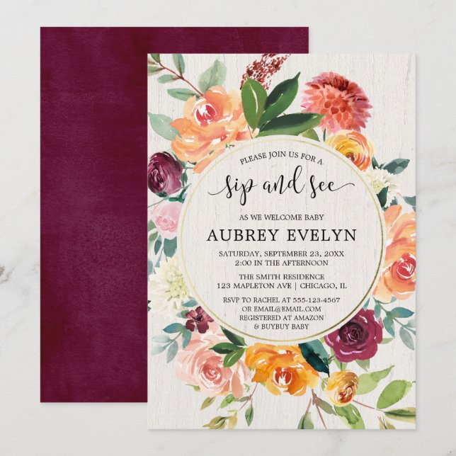 Fall sip and see, burgundy floral meet greet baby invitation (Front/Back)