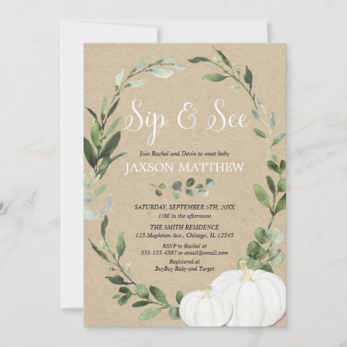 Fall sip and see gender neutral baby shower invitation