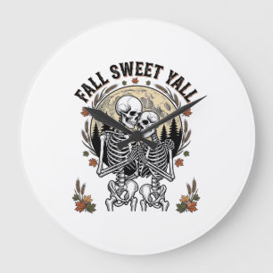 Fall Skeleton Couple Vintage Engraving Autumn Shir Large Clock