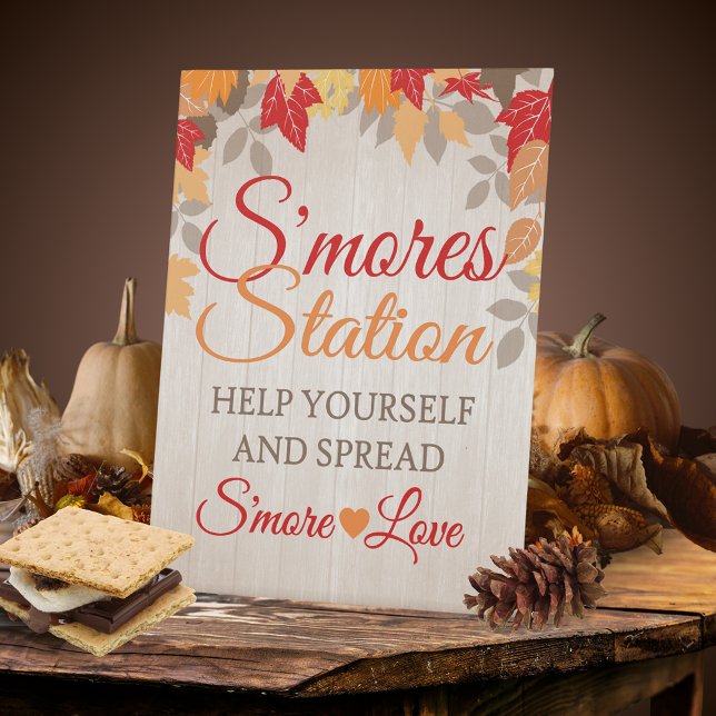 Fall S'mores Station Wedding or Bridal Shower Pedestal Sign (Fall S'mores Station Standing Pedestal Sign for Wedding or Bridal Showers. Fall in Love Collection)