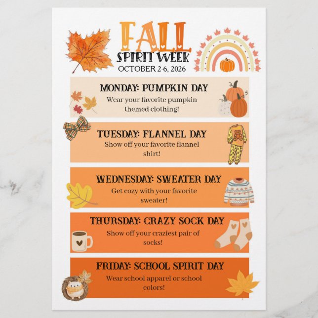Fall Spirit Week flyer, Autumn School Spirit Week Flyer (Front)