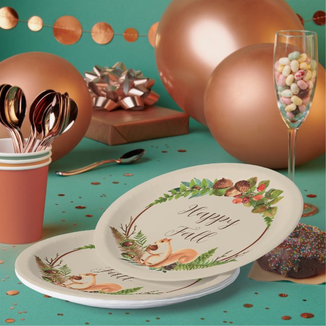 Fall squirrel and nature with customizable text paper plates (Multi)