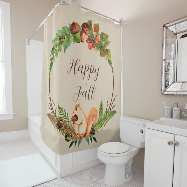 Fall squirrel and nature with customizable text  shower curtain (In Situ)