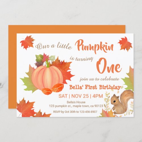 Fall Squirrel Pumpkin First Birthday Invitations