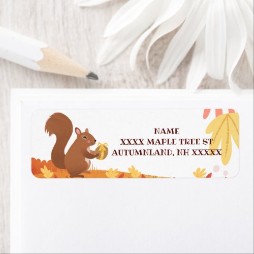 Fall Squirrel with Nut and Fall Leaves Label