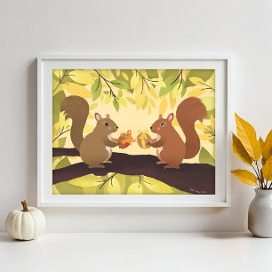 Fall Squirrels and Yellow Tree Art Print