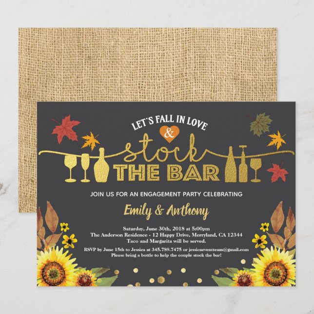 Fall stock the bar chalkboard sunflower gold invitation (Front/Back)
