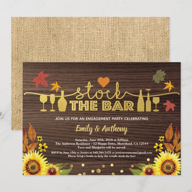 Fall stock the bar sunflower burap wood invitation (Front/Back)