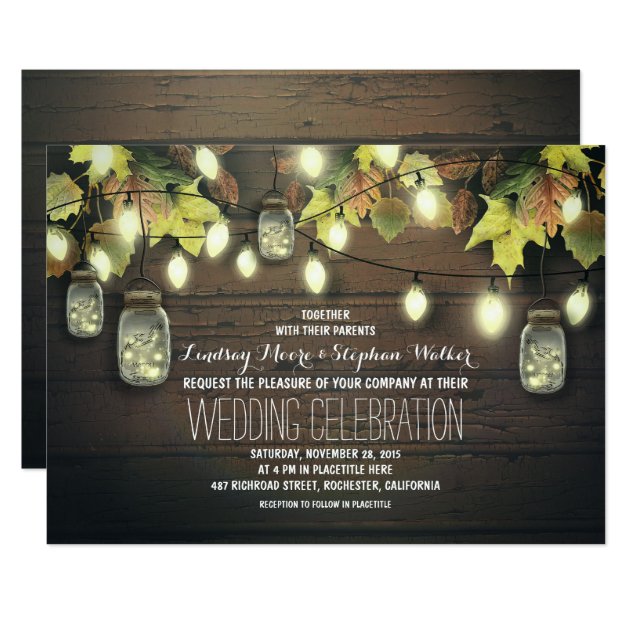 Fall String Lights And Mason Jars Rustic Wedding Invitation