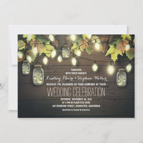 Fall String Lights and Mason Jars Rustic Wedding Invitation - Rustic country wedding invitation with string lights, mason jars, wooden background, and fall leaves. --- All design elements created by Jinaiji