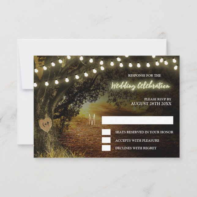 Fall String Lights Oak Tree Wedding RSVP Cards (Front)