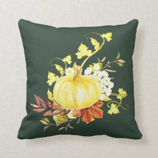 Fall Style Pumpkin and Leaves Dark Green Throw Pillow