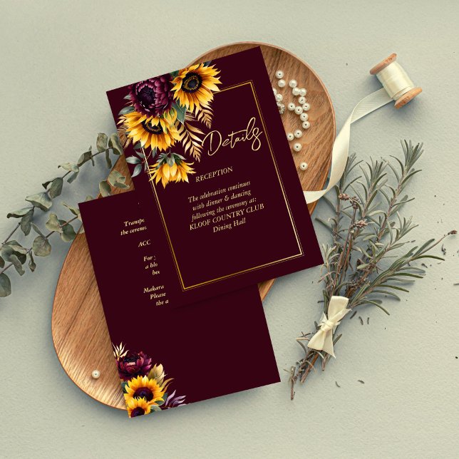 Fall summer burgundy sunflowers wedding details enclosure card (Fall summer burgundy sunflowers wedding details enclosure card rustic wedding invitations)