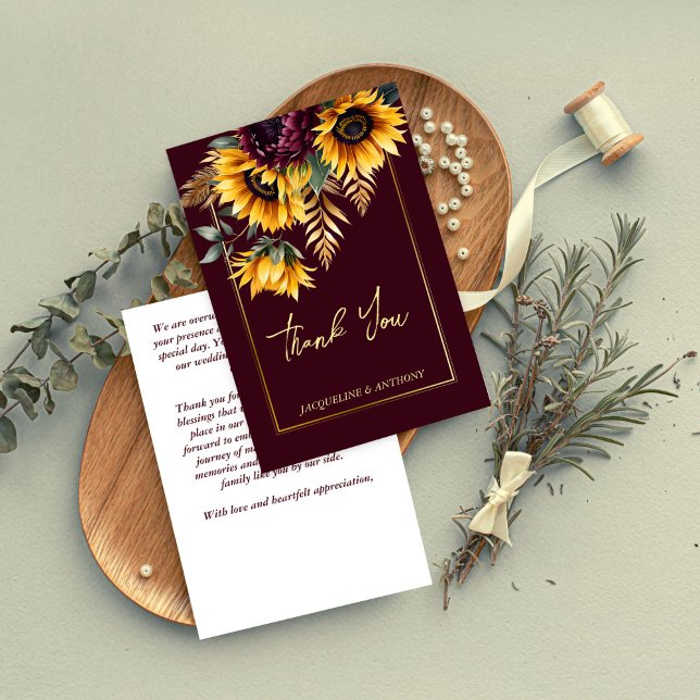Fall summer burgundy sunflowers wedding thank you card (Fall summer burgundy sunflowers wedding thank you card rustic boho wedding thank you cards)