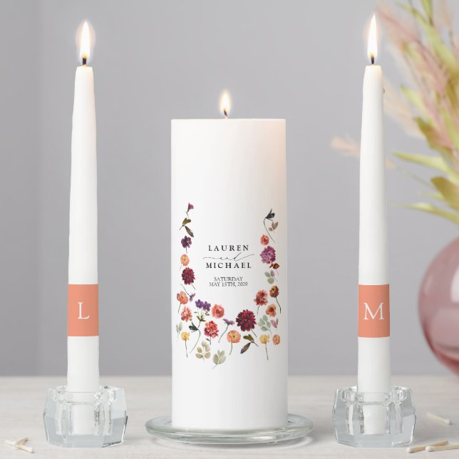 Fall Summer Garden Burnt Orange Flowers Wedding Unity Candle Set (In Situ)