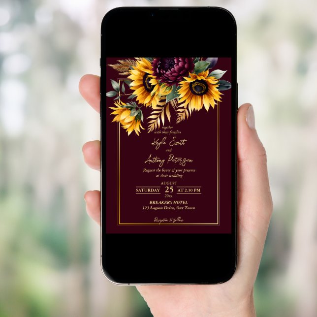 Fall summer wedding burgundy sunflowers all in one invitation (Front Digital)