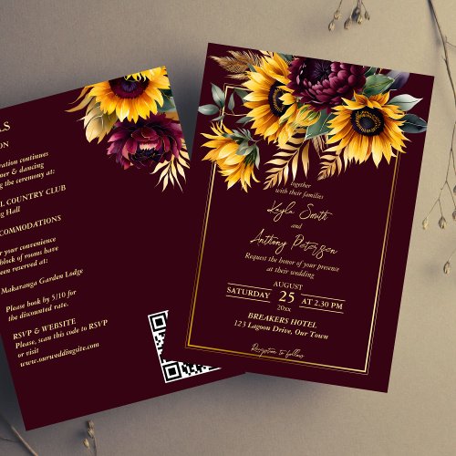 Fall summer wedding burgundy sunflowers all in one invitation