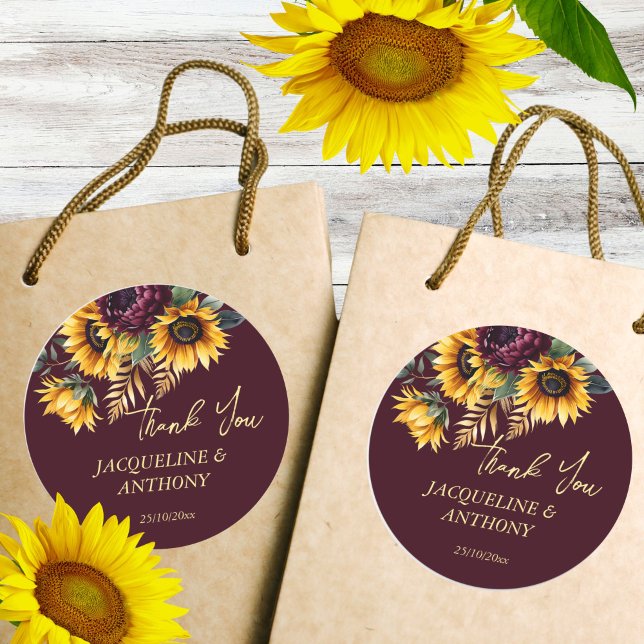 Fall summer wedding Burgundy sunflowers favor Classic Round Sticker (Fall summer wedding Burgundy sunflowers favor thank you Sticker)