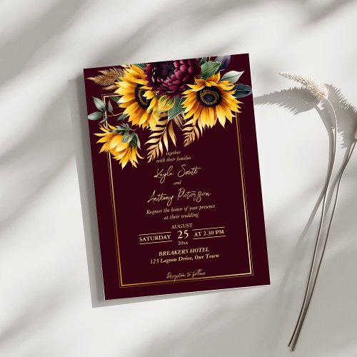 Fall summer wedding burgundy sunflowers invitation