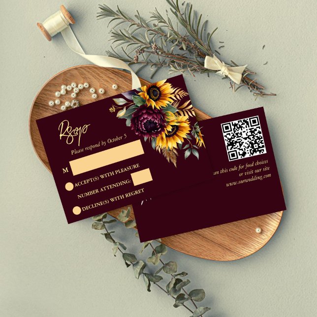 Fall summer wedding burgundy sunflowers RSVP card (Fall summer wedding burgundy sunflowers QR RSVP card modern casual font rustic wedding RSVP)