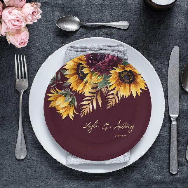 Fall summer wedding burgundy sunflowers template paper plates (Fall summer wedding burgundy sunflowers template paper plates personalized wedding tableware decor)