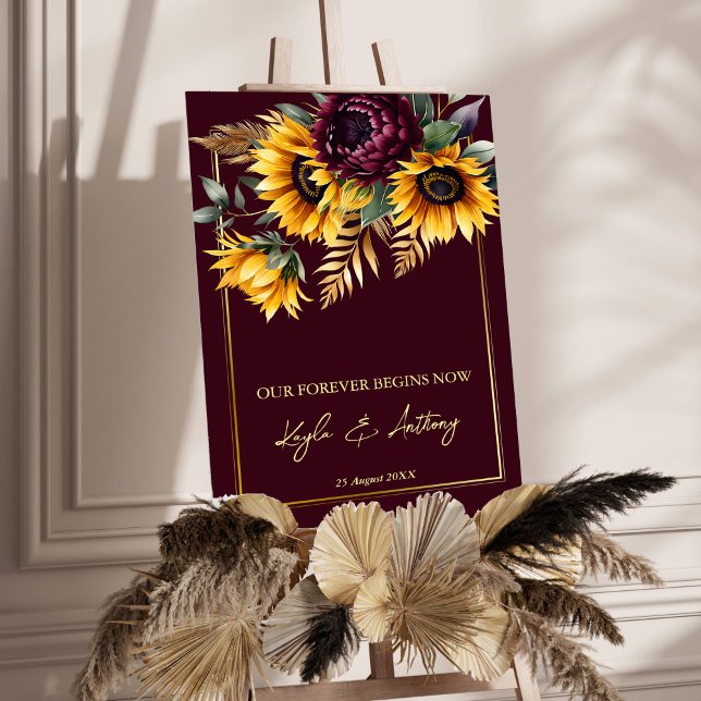 Fall summer wedding burgundy sunflowers welcome foam board (Fall summer rustic wedding burgundy sunflowers welcome sign board personalized entrance decor)