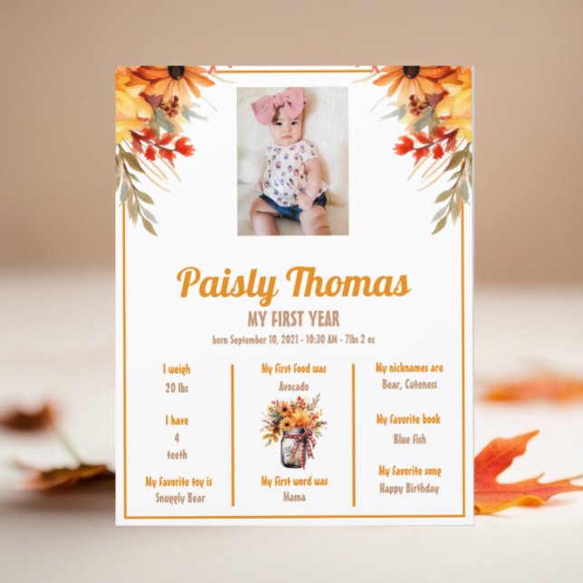 Fall Sunflower 1st Birthday Milestone Poster (Creator Uploaded)