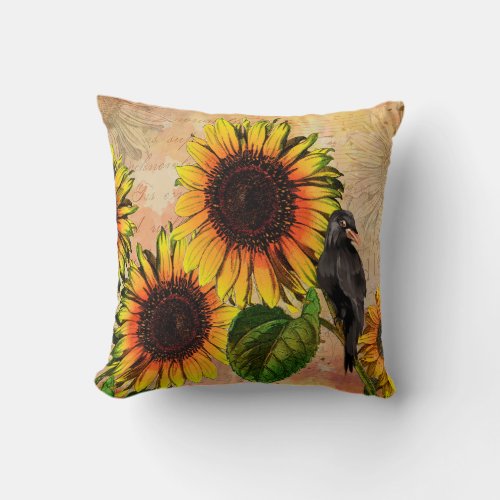 Fall Sunflower and Crow Black Bird Throw Pillow