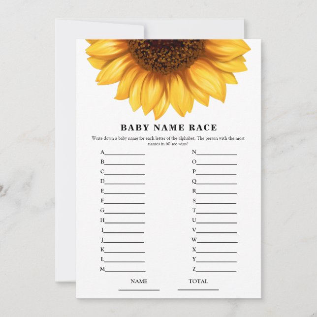 Fall Sunflower Baby  Shower Name Race Game Card (Front)