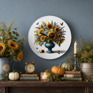 Fall Sunflower Bouquet Flower Botanical Vintage Large Clock