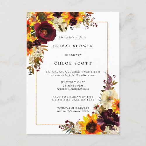Fall Sunflower Bridal Shower Invitation  Postcard