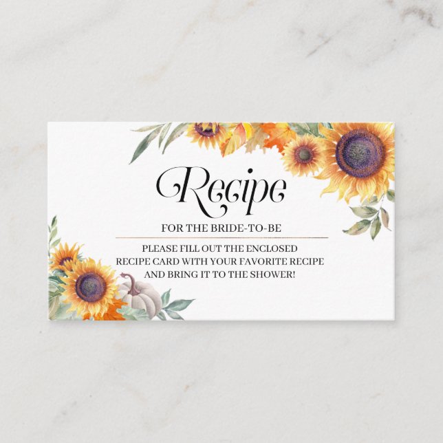Fall Sunflower Bridal Shower Recipe Enclosure Card (Front)