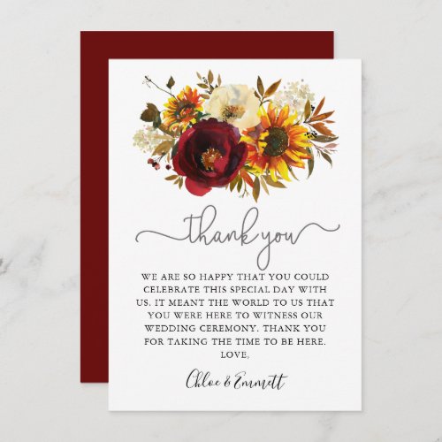 Fall Sunflower Burgundy Floral Wedding Thank You Card