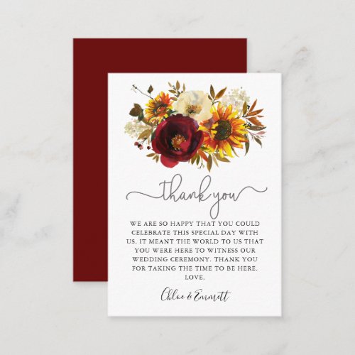 Fall Sunflower Burgundy Floral Wedding Thank You Place Card