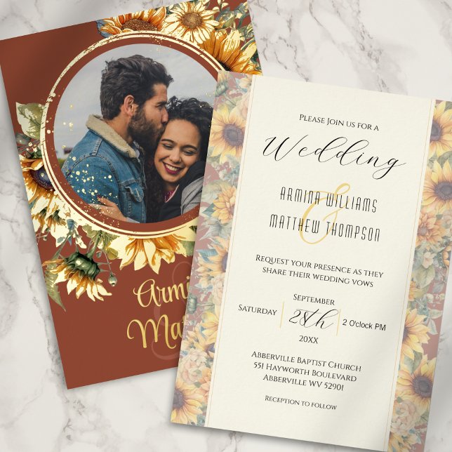 Fall Sunflower Burnt Orange Custom Photo Wedding Foil Invitation (Creator Uploaded)
