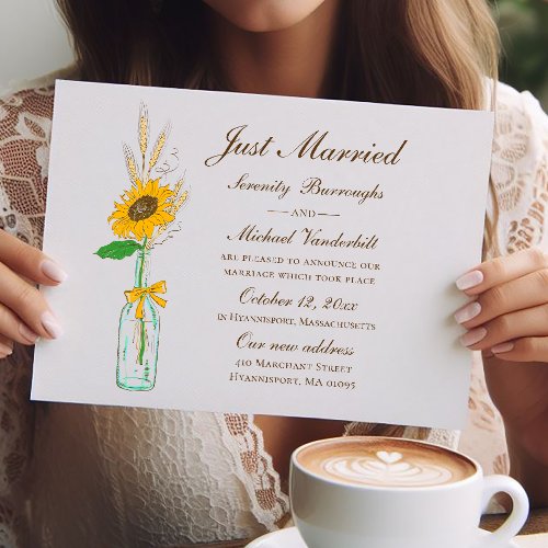 Fall Sunflower Country Floral Just Married Wedding Invitation