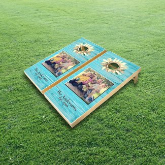 Fall Sunflower Family Photo Monogram Blue