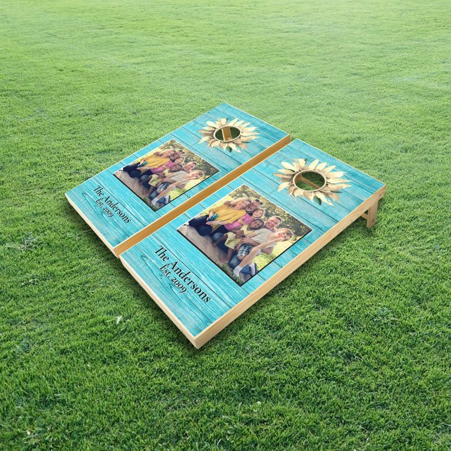 Fall Sunflower Family Photo Monogram Blue Cornhole Set (Creator Uploaded)