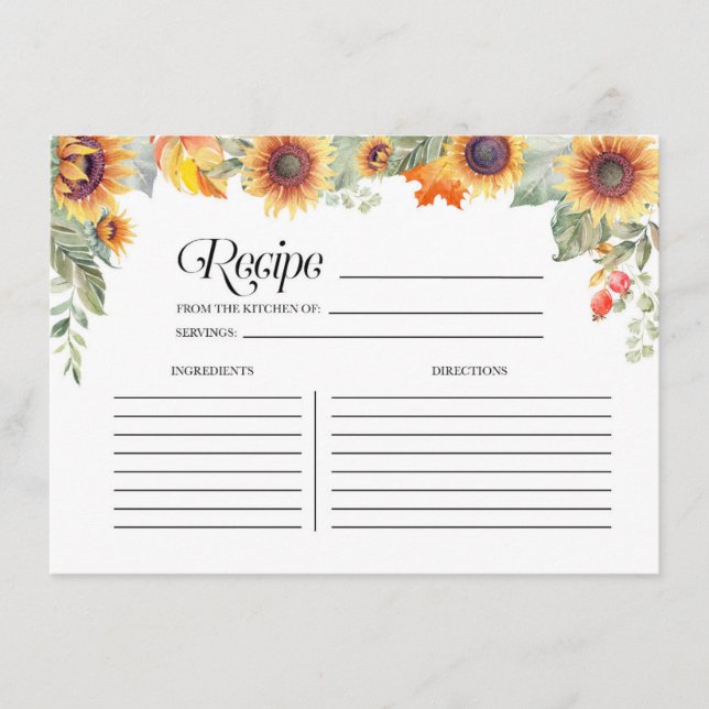 Fall Sunflower Floral Bridal Shower Recipe Card (Front)