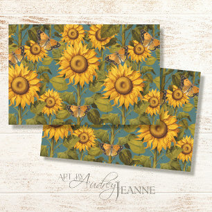 Fall Sunflower Floral Butterfly Teal Decoupage Tissue Paper