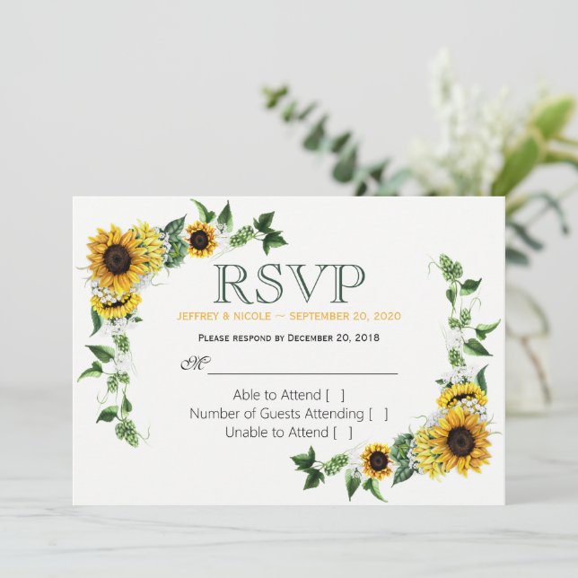 Fall Sunflower Floral Country Barn Wedding RSVP Invitation (Standing Front)