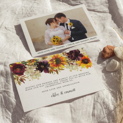 Fall Sunflower Floral Photo Wedding Thank You Card