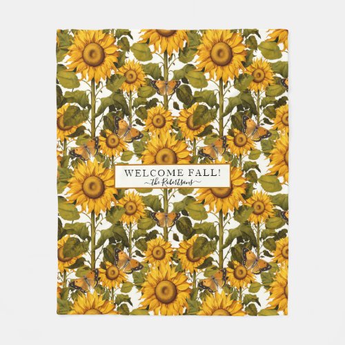 Fall Sunflower Flower Butterfly Off White Floral Fleece Blanket