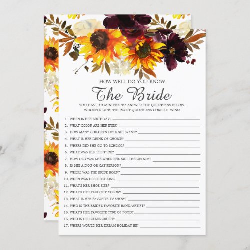 Fall Sunflower How Well Do You Know The Bride Game Invitation