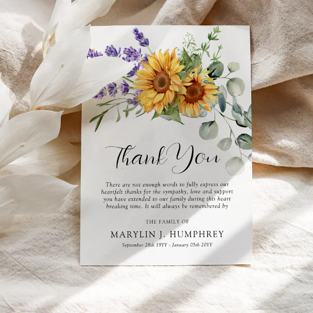 Fall Sunflower, Lavender & Eucalyptus Sympathy Thank You Card | Zazzle